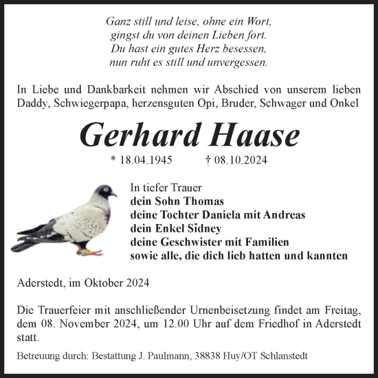 Traueranzeige von Gerhard Haase von Volksstimme Halberstadt