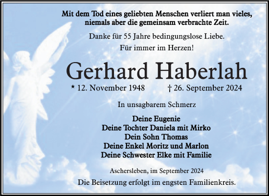 Traueranzeige von Gerhard Haberlah von Super Sonntag Aschersleben