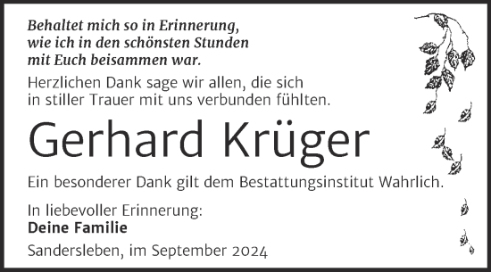 Traueranzeige von Gerhard Krüger von Trauerkombi Mansfelder Land