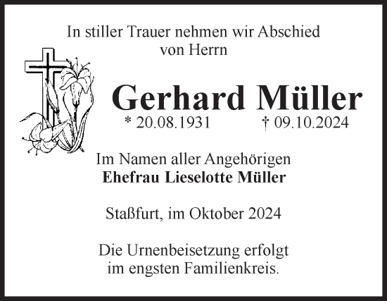 Traueranzeige von Gerhard Müller von Volksstimme Staßfurt
