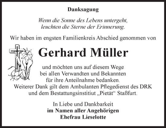 Traueranzeige von Gerhard Müller von Volksstimme Staßfurt