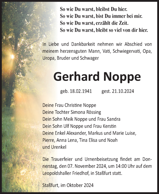 Traueranzeige von Gerhard Noppe von Volksstimme Staßfurt