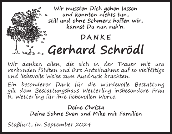 Traueranzeige von Gerhard Schrödl von Volksstimme Staßfurt