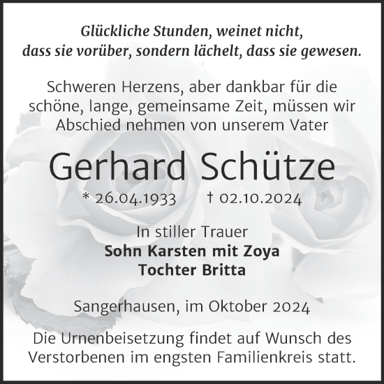 Traueranzeige von Gerhard Schütze von Trauerkombi Sangerhausen