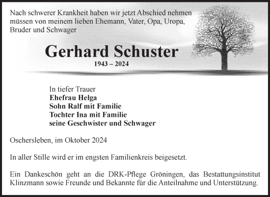 Traueranzeige von Gerhard Schuster von Volksstimme Oschersleben/Wanzleben