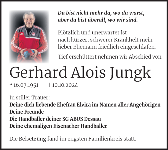 Traueranzeige von Gerhard Alois Jungk von Trauerkombi Dessau