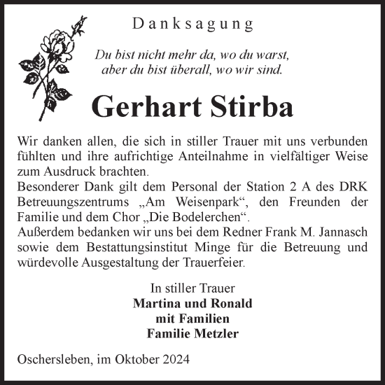 Traueranzeige von Gerhart Stirba von Volksstimme Oschersleben/Wanzleben