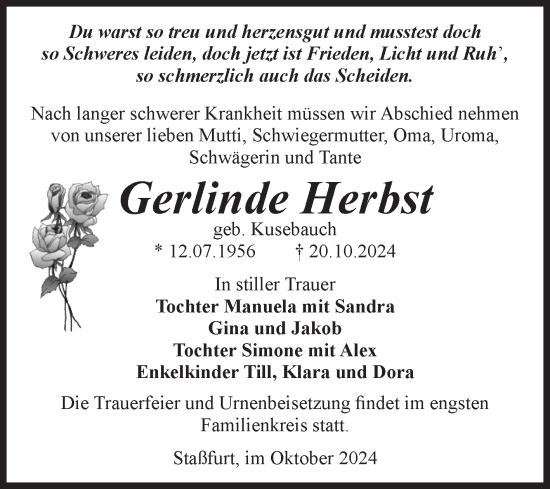 Traueranzeige von Gerlinde Herbst von Volksstimme Staßfurt