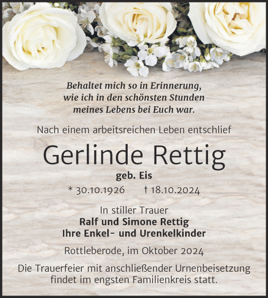 Traueranzeige von Gerlinde Rettig von Trauerkombi Sangerhausen