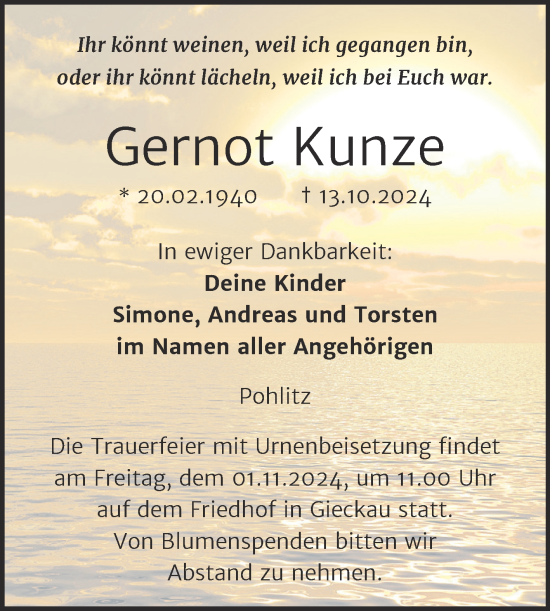 Traueranzeige von Gernot Kunze von Naumburger Tageblatt