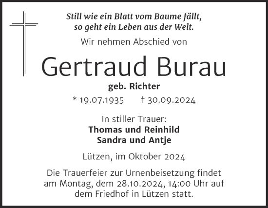 Traueranzeige von Gertraud Burau von Trauerkombi Weißenfels