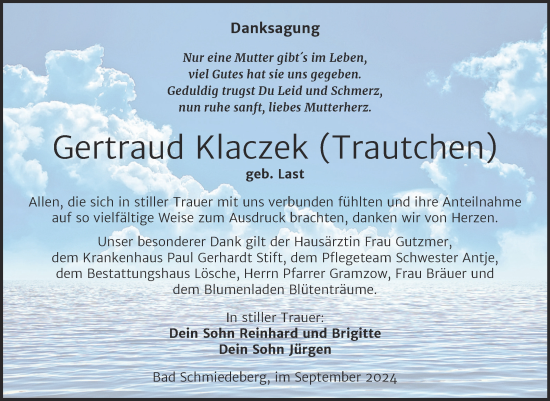 Traueranzeige von Gertraud Klaczek von Trauerkombi Wittenberg