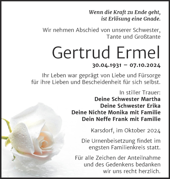 Traueranzeige von Gertrud Ermel von Super Sonntag Naumburg/Nebra