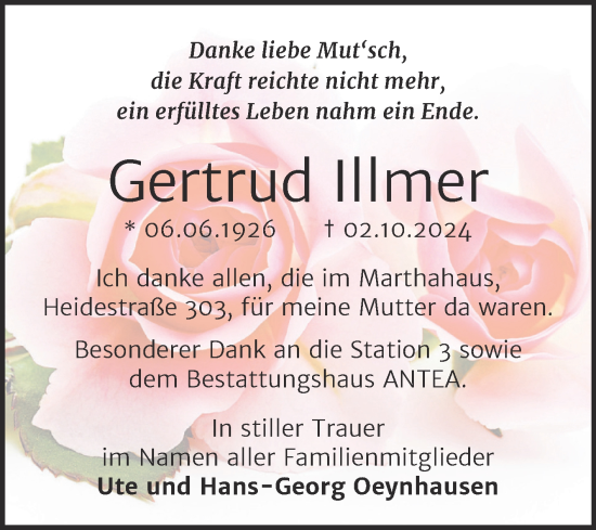 Traueranzeige von Gertrud Illmer von Trauerkombi Dessau