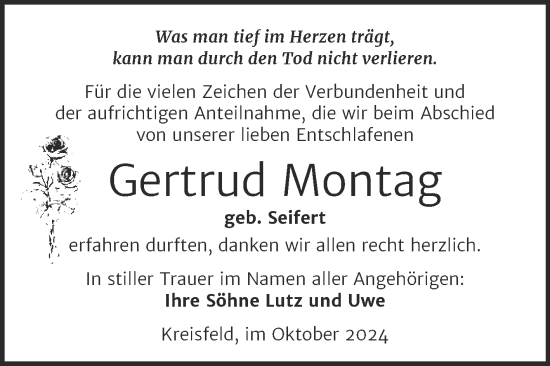 Traueranzeige von Gertrud Montag von Trauerkombi Mansfelder Land