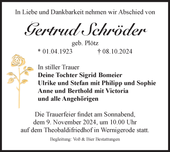 Traueranzeige von Gertrud Schröder von Volksstimme Wernigerode