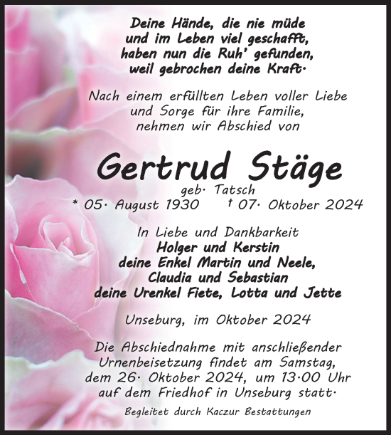 Traueranzeige von Gertrud Stäge von Volksstimme Staßfurt