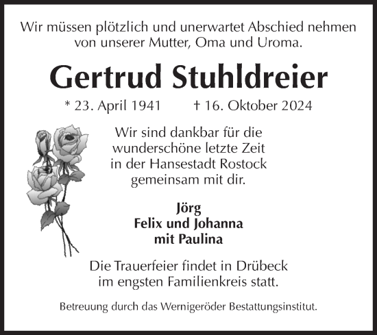 Traueranzeige von Gertrud Stuhldreier von Volksstimme Wernigerode