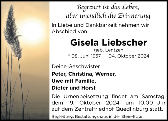 Traueranzeige von Giesela Liebscher von Volksstimme Halberstadt
