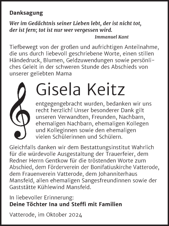 Traueranzeige von Gisela Keitz von Trauerkombi Mansfelder Land