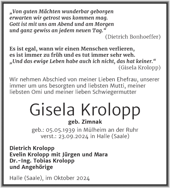 Traueranzeige von Gisela Krolopp von Mitteldeutsche Zeitung Halle/Saalkreis
