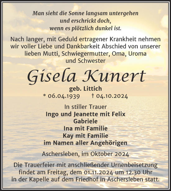 Traueranzeige von Gisela Kunert von Trauerkombi Aschersleben