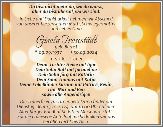 Traueranzeige von Gisela Truestädt von Trauerkombi Merseburg