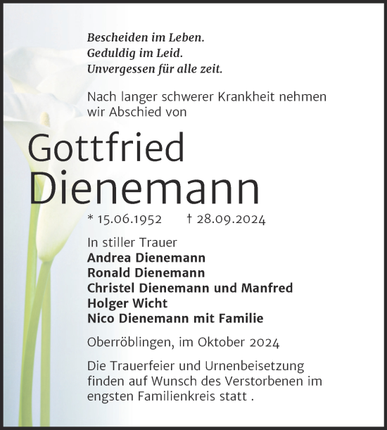 Traueranzeige von Gottfried Dienemann von Trauerkombi Sangerhausen