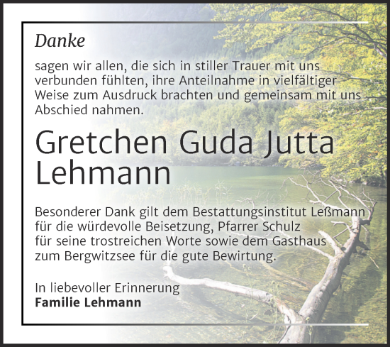 Traueranzeige von Gretchen Guda Jutta Lehmann von Trauerkombi Wittenberg