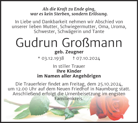 Traueranzeige von Gudrun Großmann von Naumburger Tageblatt