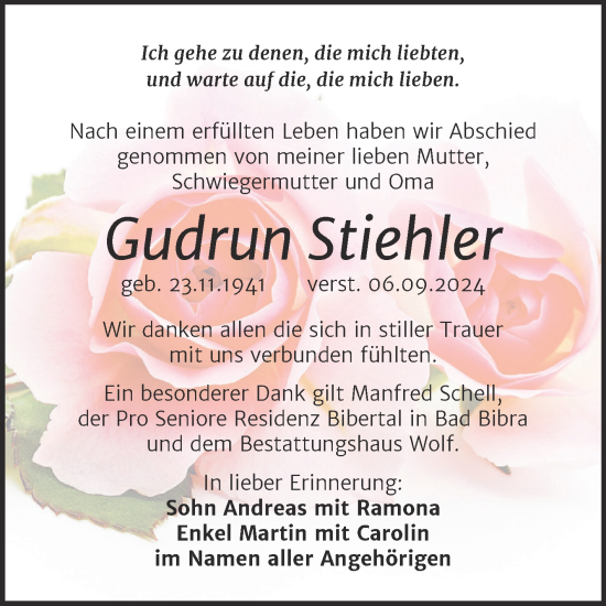 Traueranzeige von Gudrun Stiehler von Trauerkombi Weißenfels