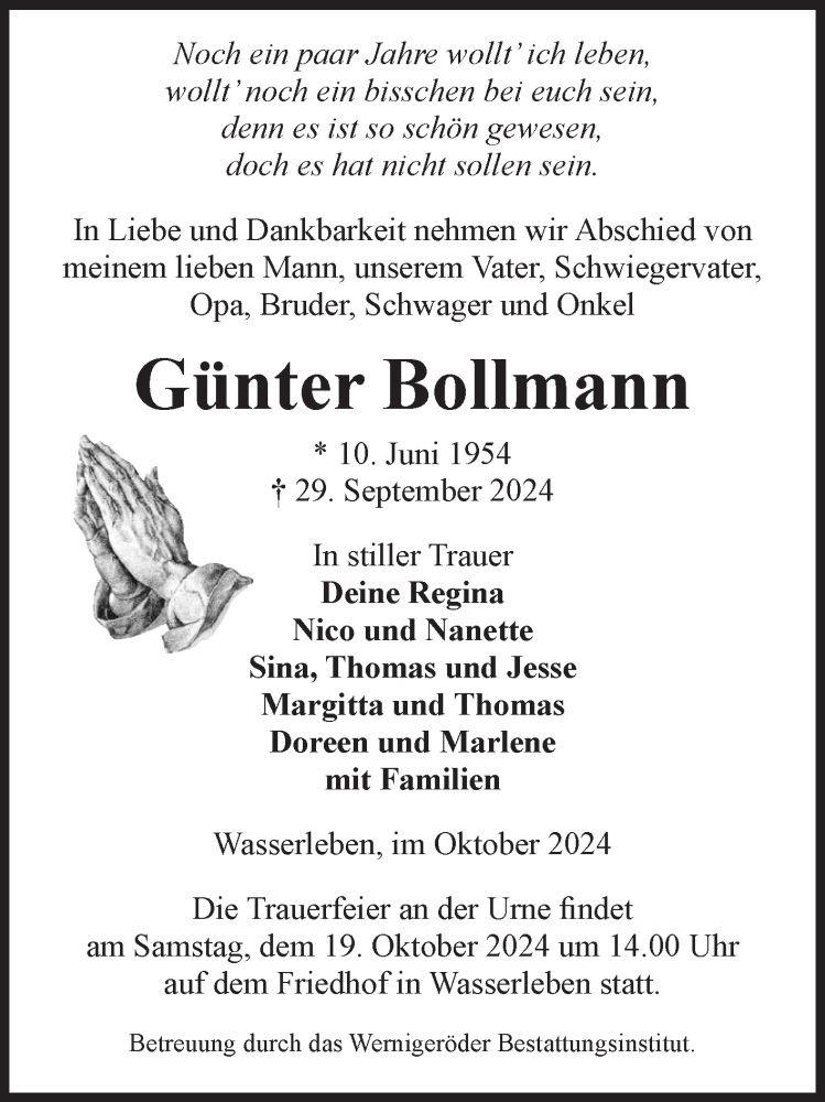  Traueranzeige für Günter Bollmann vom 05.10.2024 aus Volksstimme Wernigerode