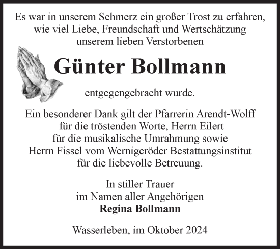 Traueranzeige von Günter Bollmann von Volksstimme Wernigerode