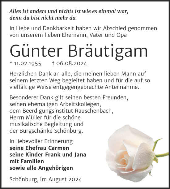 Traueranzeige von Günter Bräutigam von Super Sonntag Naumburg/Nebra