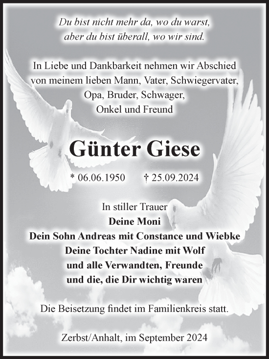 Traueranzeige von Günter Giese von Volksstimme Zerbst