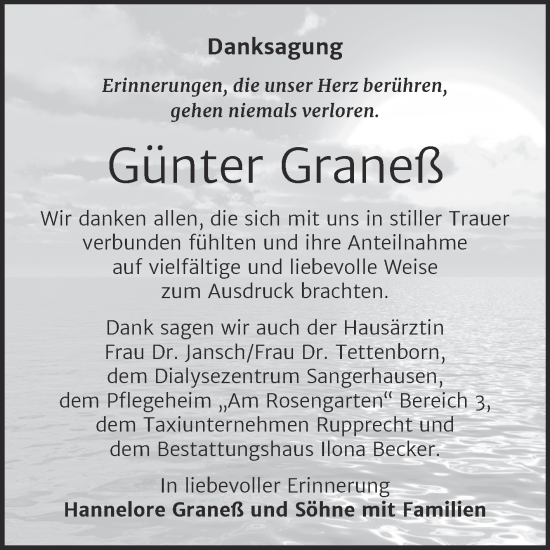 Traueranzeige von Günter Graneß von Trauerkombi Sangerhausen