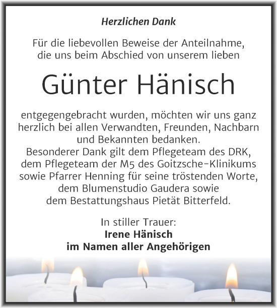 Traueranzeige von Günter Hänisch von Trauerkombi Bitterfeld