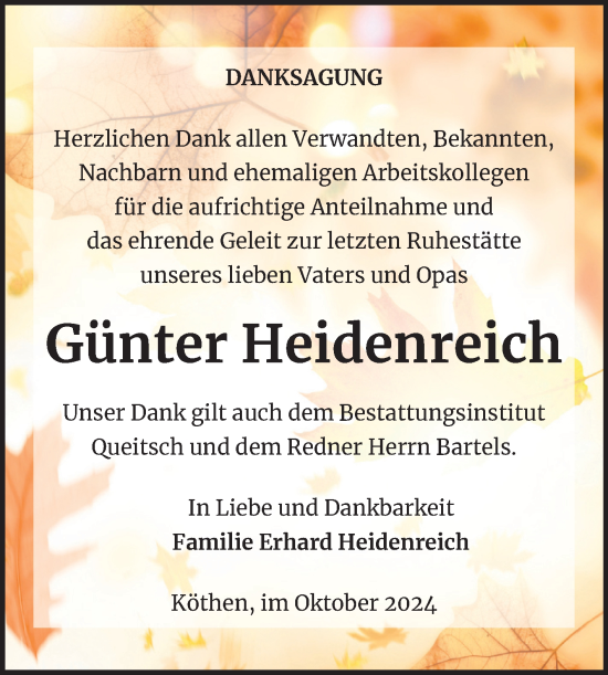 Traueranzeige von Günter Heidenreich von Trauerkombi Köthen