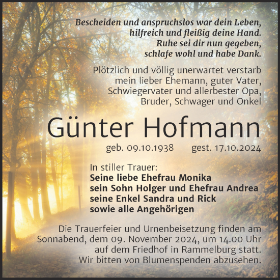 Traueranzeige von Günter Hofmann von Trauerkombi Mansfelder Land