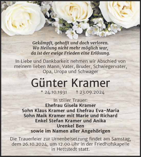 Traueranzeige von Günter Kramer von Trauerkombi Mansfelder Land