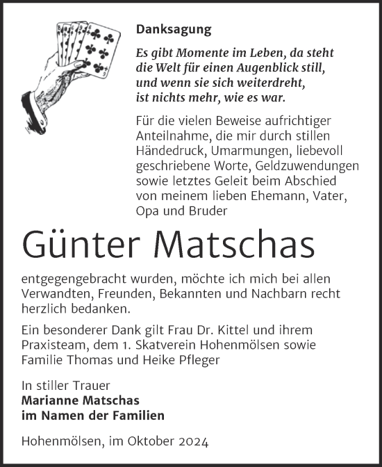 Traueranzeige von Günter Matschas von Trauerkombi Weißenfels