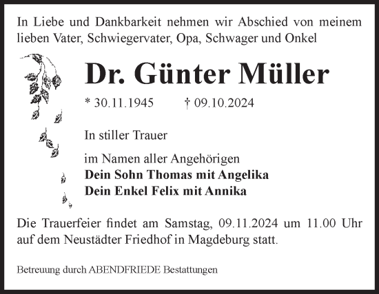 Traueranzeige von Günter Müller von Volksstimme Altmark Ost