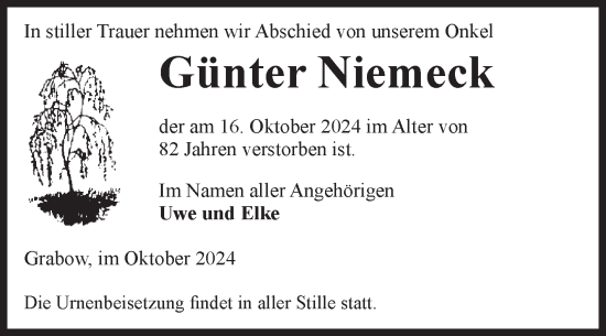 Traueranzeige von Günter Niemeck von Volksstimme Burg/Genthin