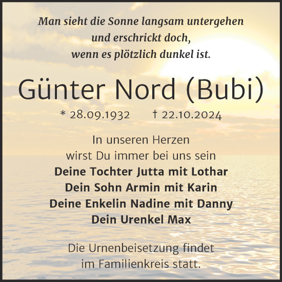 Traueranzeige von Günter Nord von Trauerkombi Köthen