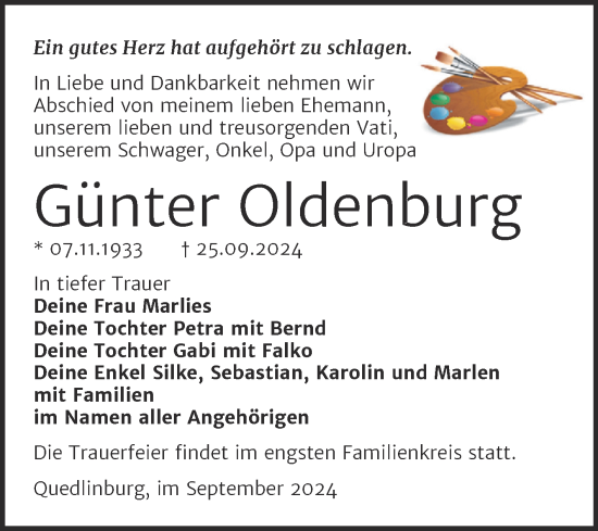Traueranzeige von Günter Oldenburg von Trauerkombi Quedlinburg