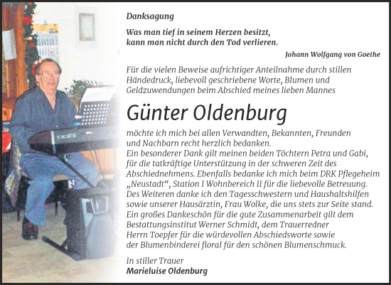 Traueranzeige von Günter Oldenburg von Trauerkombi Quedlinburg