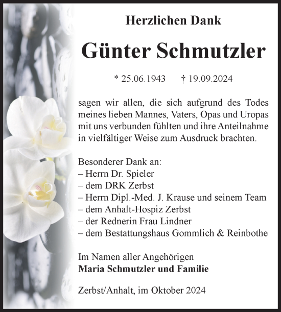 Traueranzeige von Günter Schmutzler von Volksstimme Zerbst