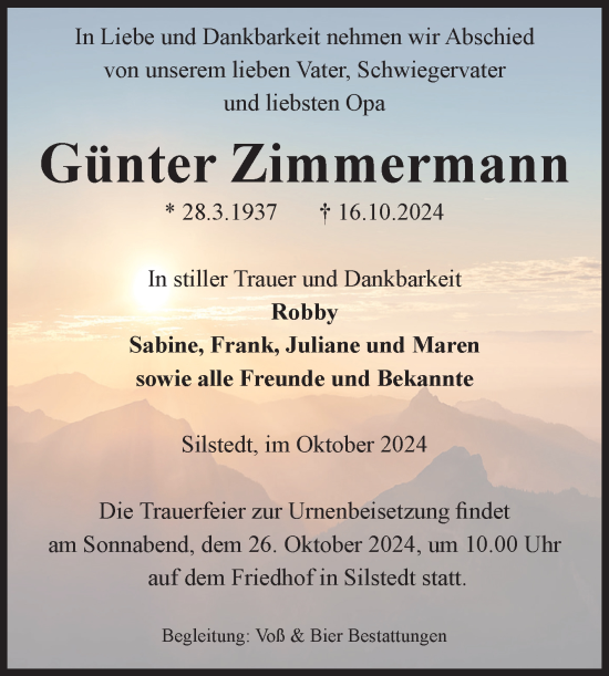 Traueranzeige von Günter Zimmermann von Volksstimme Wernigerode