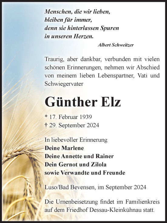 Traueranzeige von Günther Elz von Volksstimme Zerbst