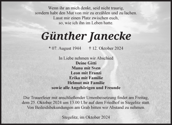 Traueranzeige von Günther Janecke von Volksstimme Burg/Genthin